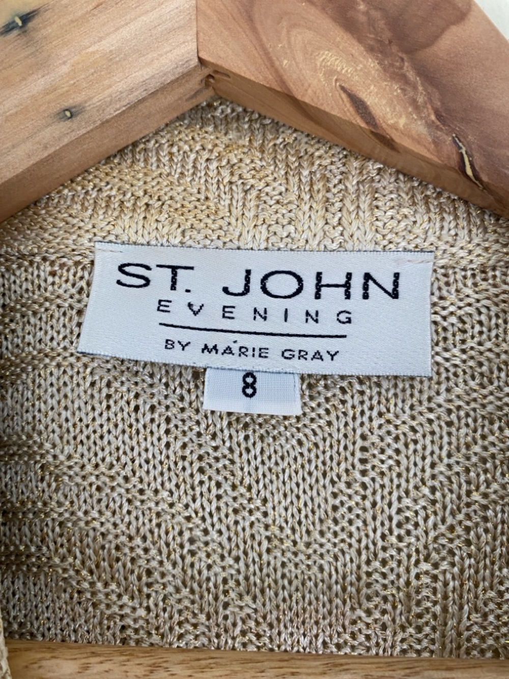 St. John Evening Metallic Knit Top Skirt Set in Champagne with Metallic Glint - Picture 14 of 15